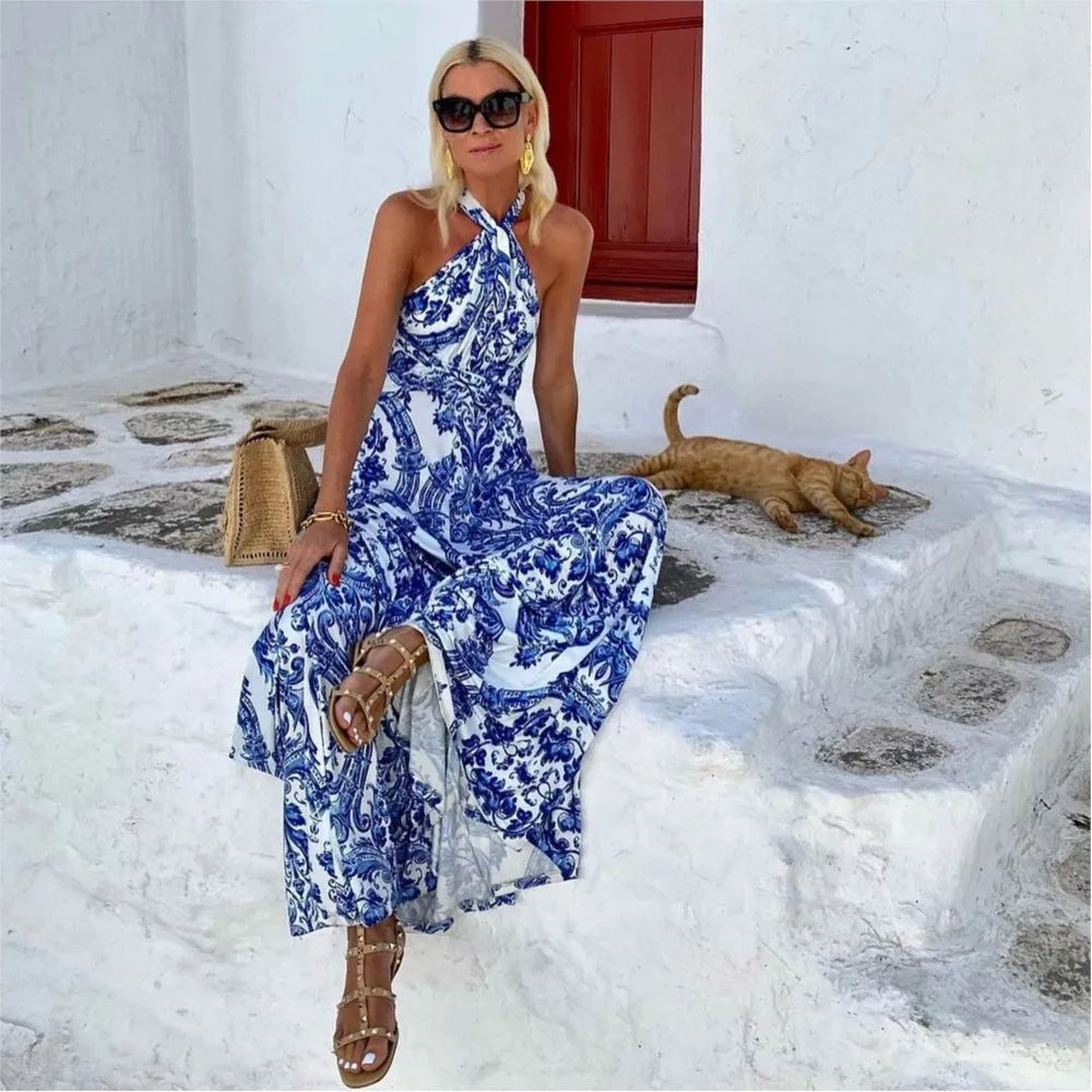 Porseleinprint halter maxi jurk - Isabella