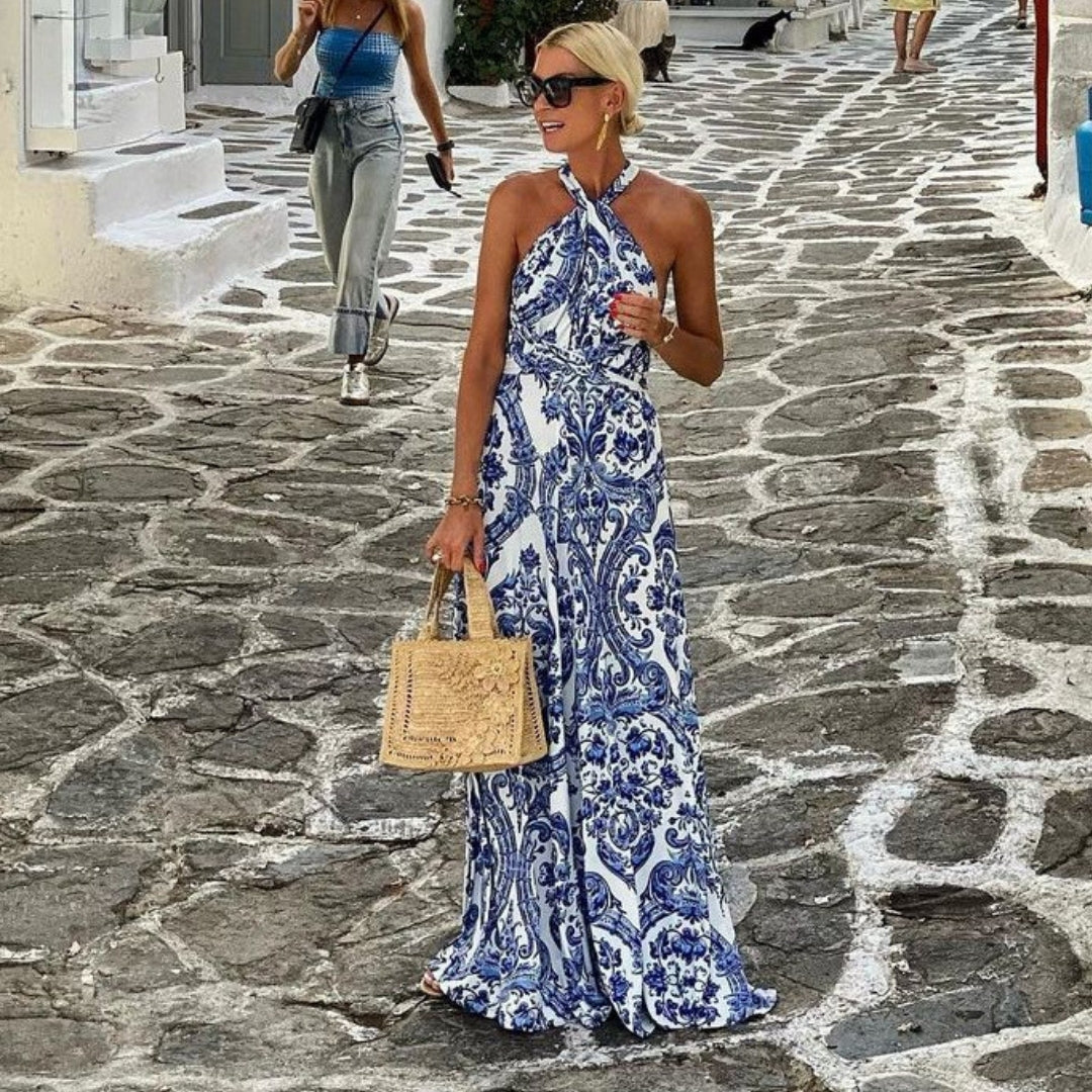 Porseleinprint halter maxi jurk - Isabella