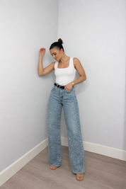 Rechte High Waist Jeans met Subtiele Glitterdetails – Elodie