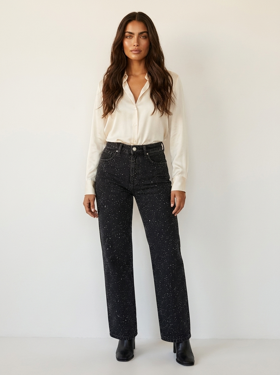 Rechte High Waist Jeans met Subtiele Glitterdetails – Elodie