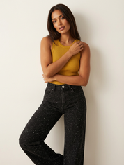 Recht high waist jeans met subtiele glitter details