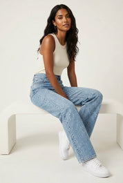 Recht high waist jeans met subtiele glitter details