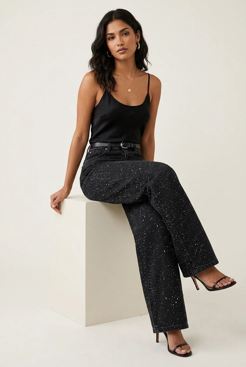 Recht high waist jeans met subtiele glitter details