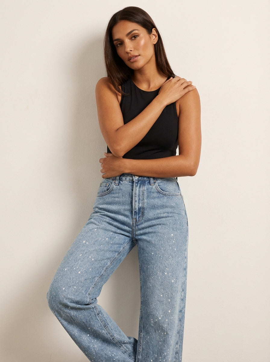 Recht high waist jeans met subtiele glitter details