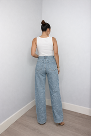 Recht high waist jeans met subtiele glitter details