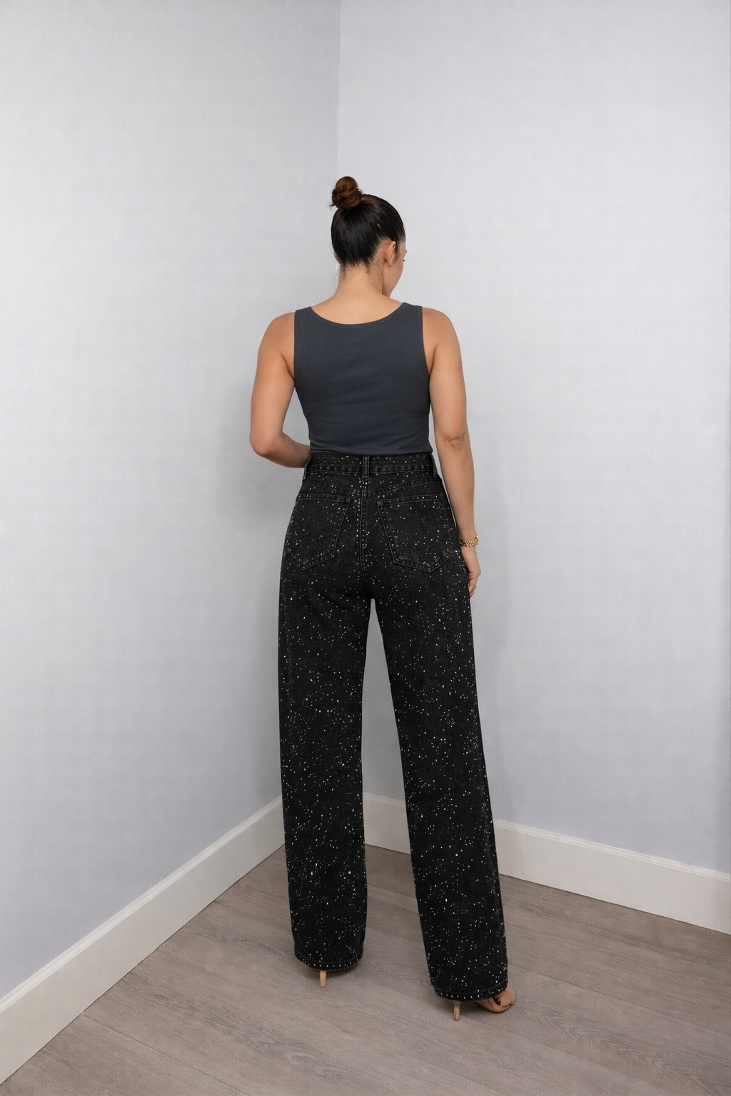 Recht high waist jeans met subtiele glitter details