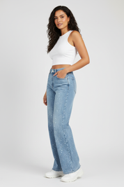 Recht high waist jeans met subtiele glitter details