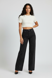 Recht high waist jeans met subtiele glitter details