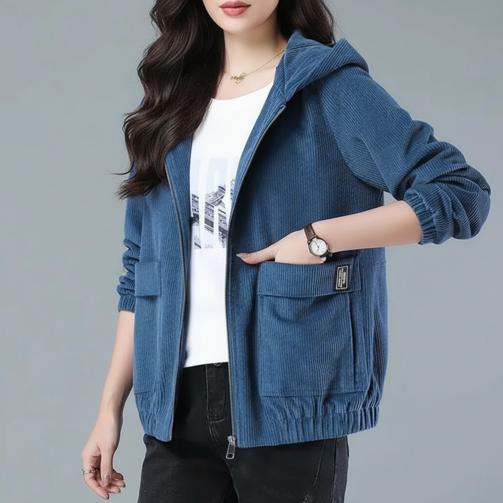 Ribfluwelen dames jas met capuchon – Mila