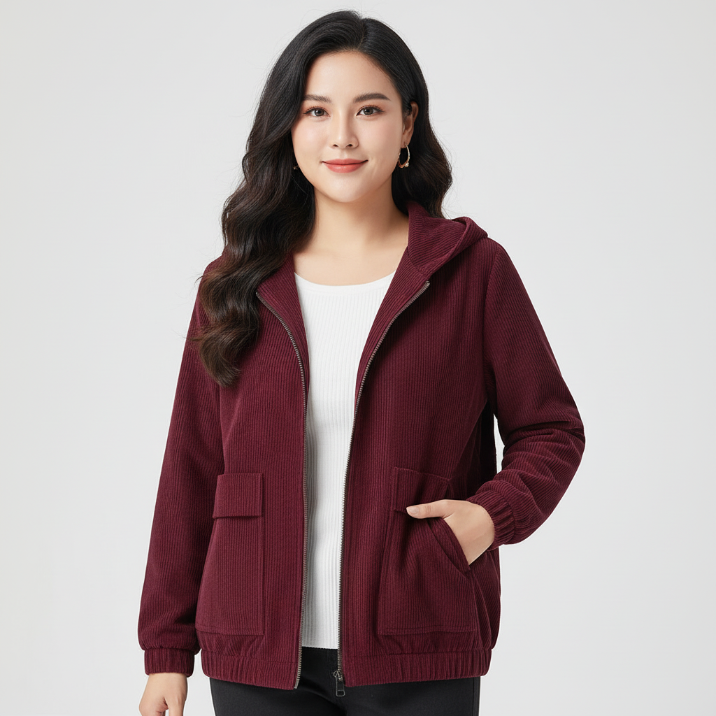 Ribfluwelen dames jas met capuchon – Mila