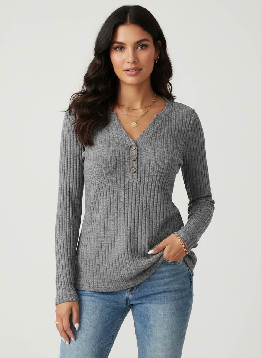 Ribgebreide dames top met knopen – Elise