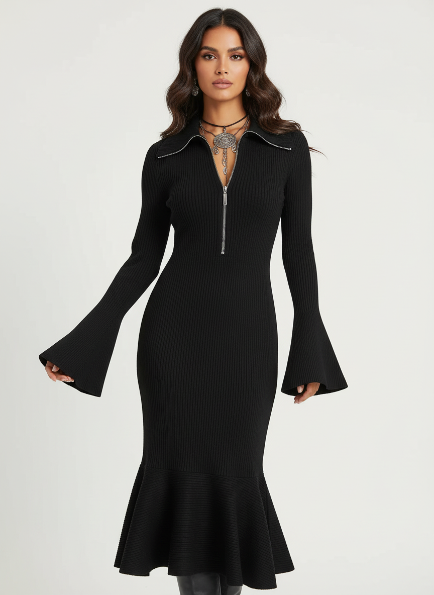 Ribgebreide midi jurk met ruffle zoom – Zaria