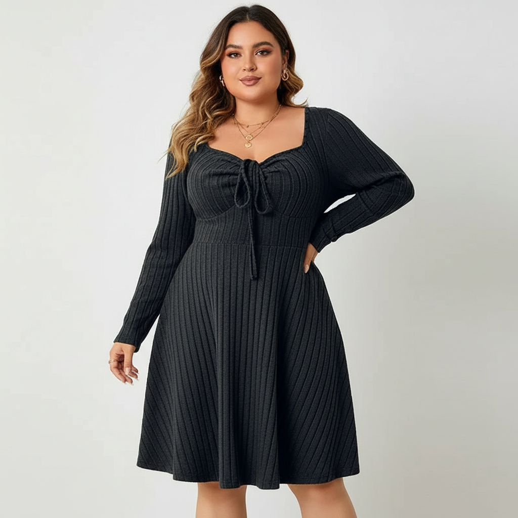 Ribgebreide midi jurk met strikdetail – Avani