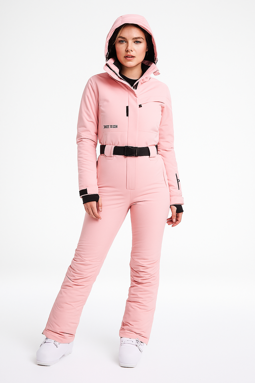 Roze getailleerde ski set dames met capuchon en ceintuur