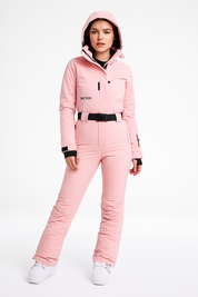 Roze getailleerde ski set dames met capuchon en ceintuur
