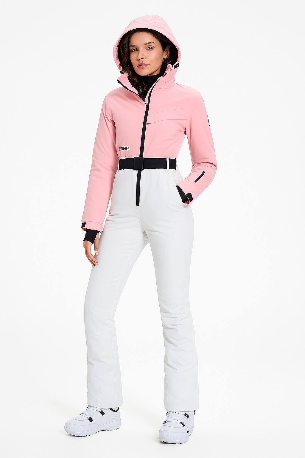 Roze getailleerde ski set dames met capuchon en ceintuur