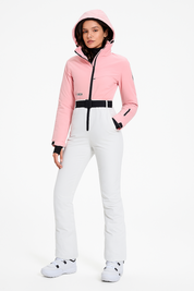 Roze getailleerde ski set dames met capuchon en ceintuur