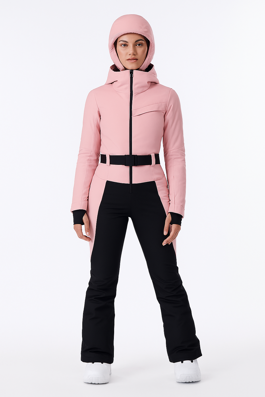 Roze getailleerde ski set dames met capuchon en ceintuur