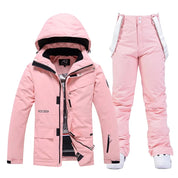 Roze getailleerde ski set dames met capuchon en ceintuur