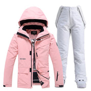 Roze getailleerde ski set dames met capuchon en ceintuur