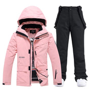 Roze getailleerde ski set dames met capuchon en ceintuur
