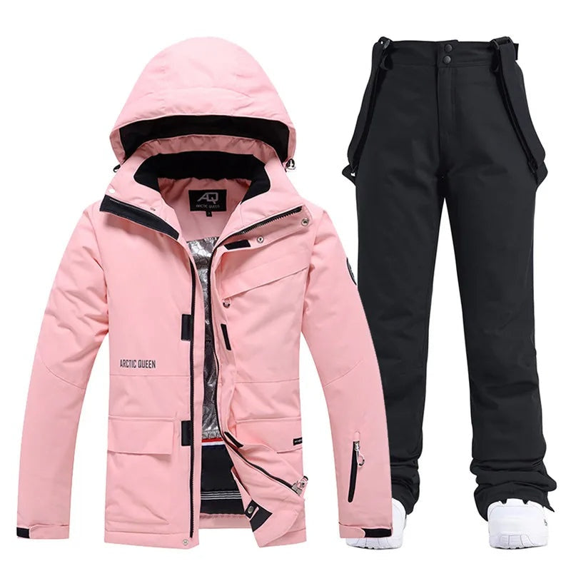 Roze getailleerde ski set dames met capuchon en ceintuur