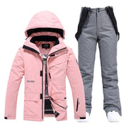 Roze getailleerde ski set dames met capuchon en ceintuur