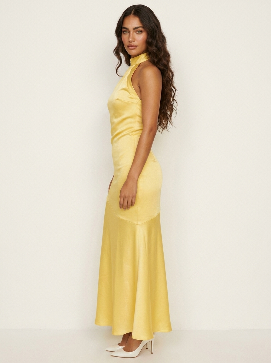 Satijnen halter maxi jurk met open rug - Seraphina