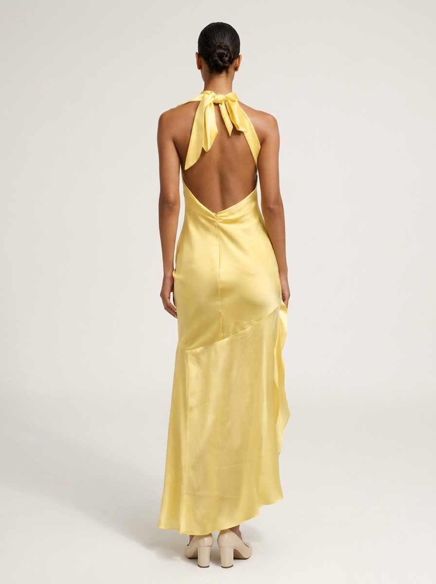 Satijnen halter maxi jurk met open rug - Seraphina