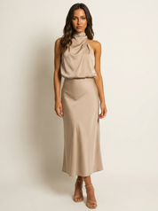 Satijnen halter midi jurk - Isabelle