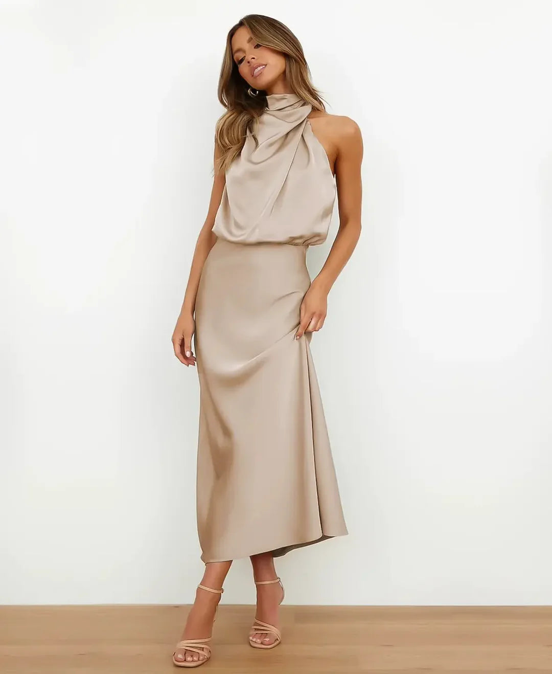 Satijnen halter midi jurk - Isabelle