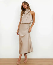 Satijnen halter midi jurk - Isabelle