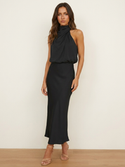 Satijnen halter midi jurk - Isabelle
