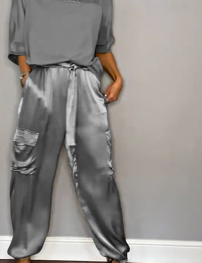 Satin women's set with cargo trousers and loose top – Inge