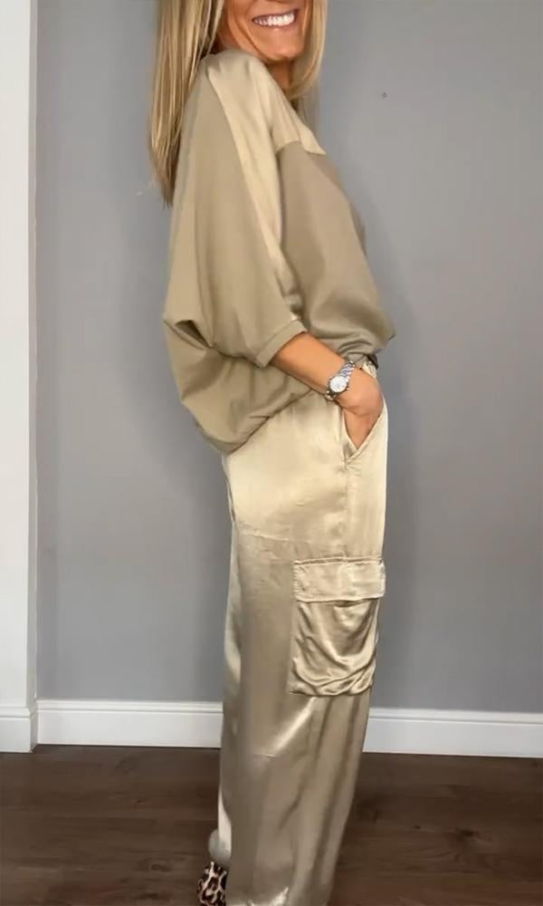 Satijnen dames set met cargobroek en loose top – Inge