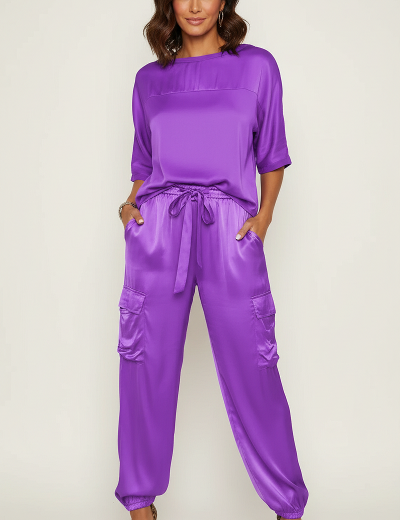 Satin women's set with cargo trousers and loose top – Inge