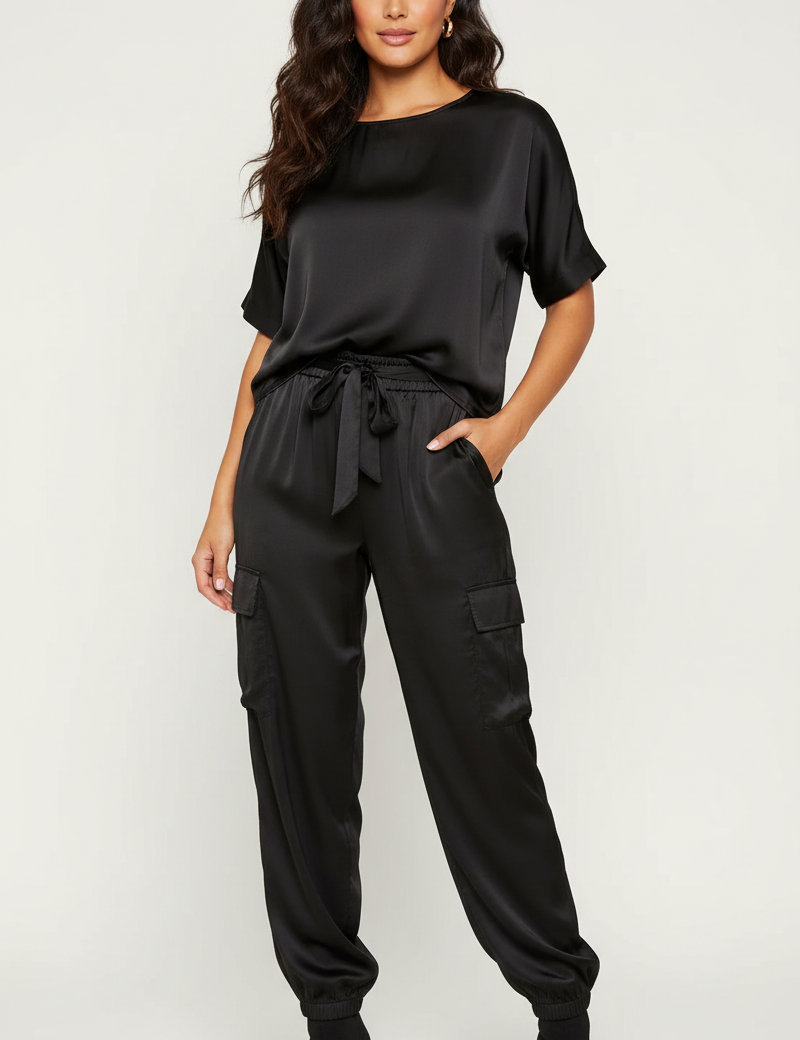 Satin women's set with cargo trousers and loose top – Inge