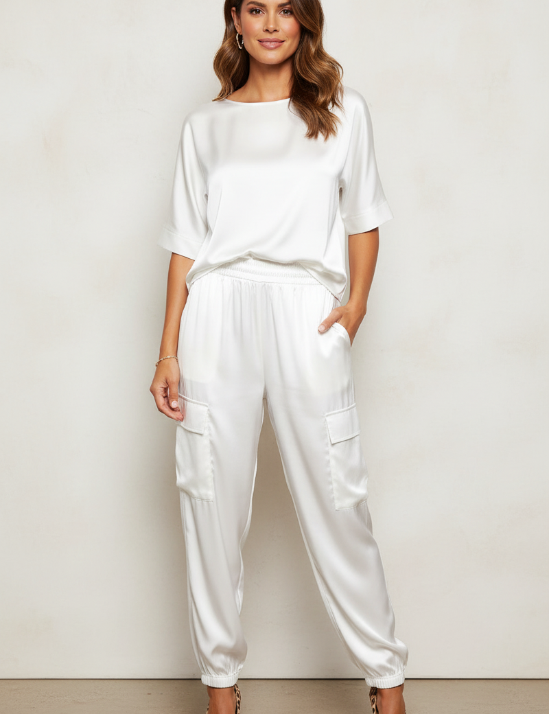 Satin women's set with cargo trousers and loose top – Inge