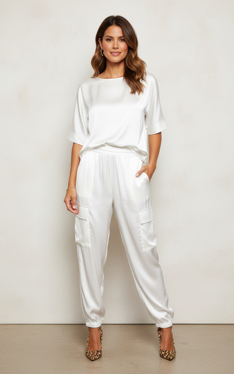 Satijnen dames set met cargobroek en loose top – Inge