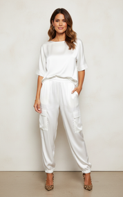 Satijnen dames set met cargobroek en loose top – Inge