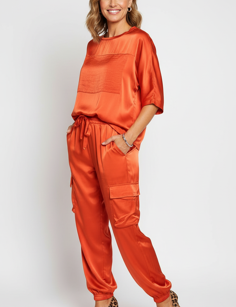Satin women's set with cargo trousers and loose top – Inge