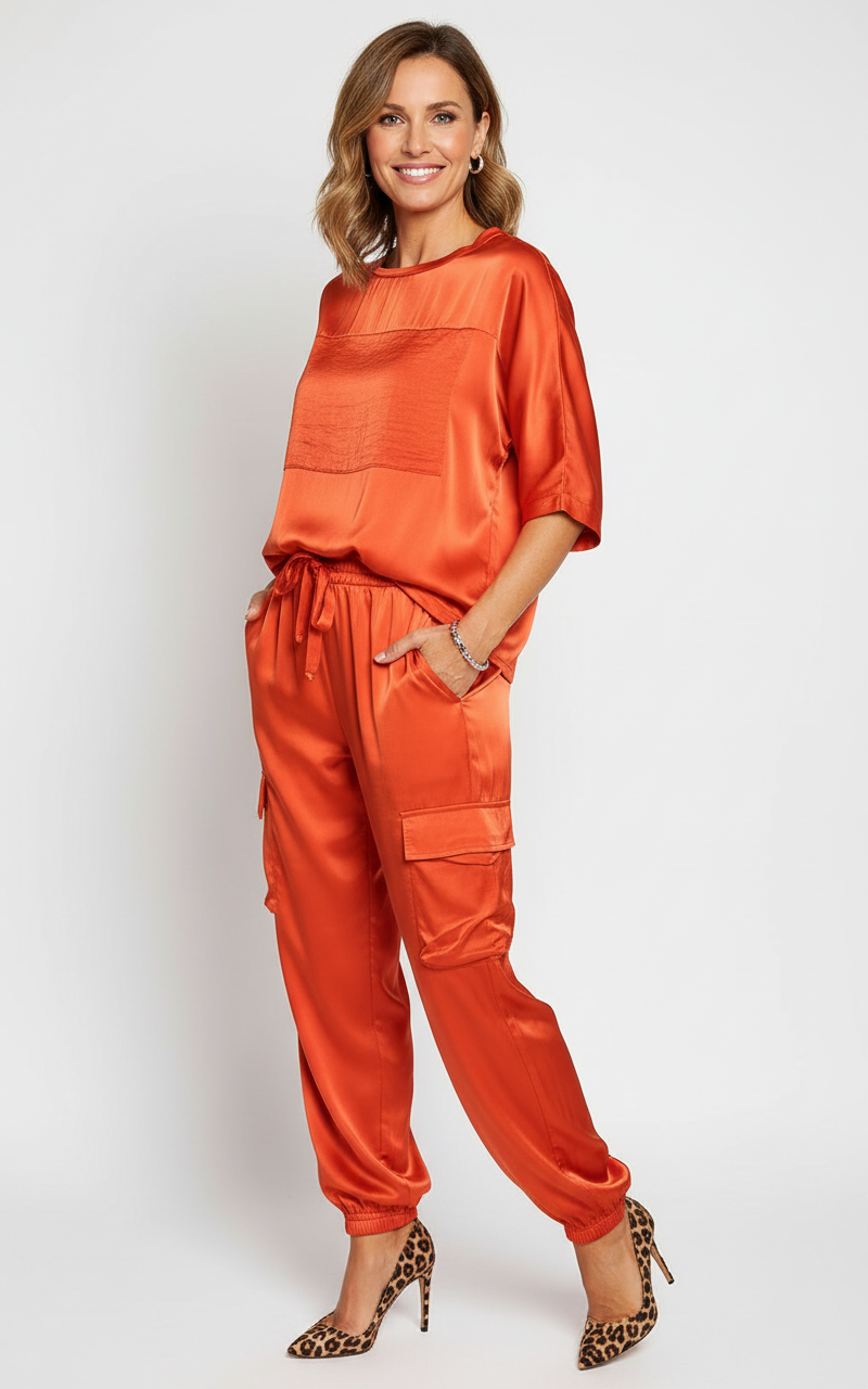 Satijnen dames set met cargobroek en loose top – Inge