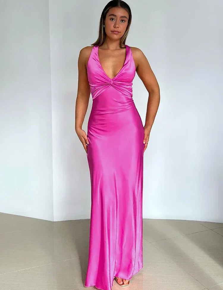 Satin halter maxi dress with twist detail – Isalyn