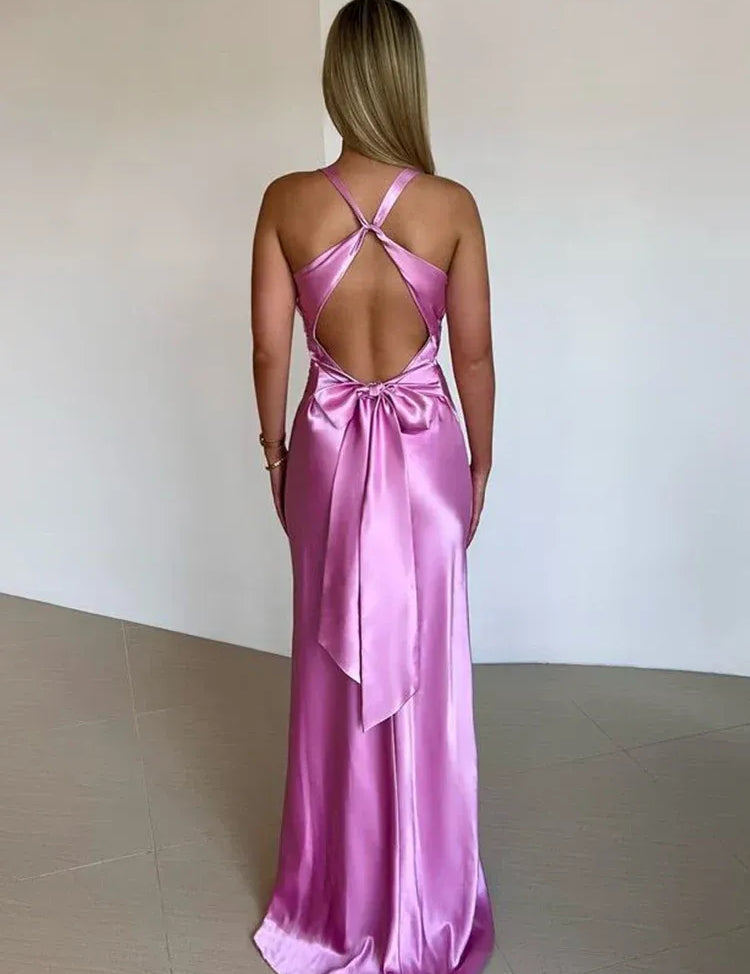 Satin halter maxi dress with twist detail – Isalyn