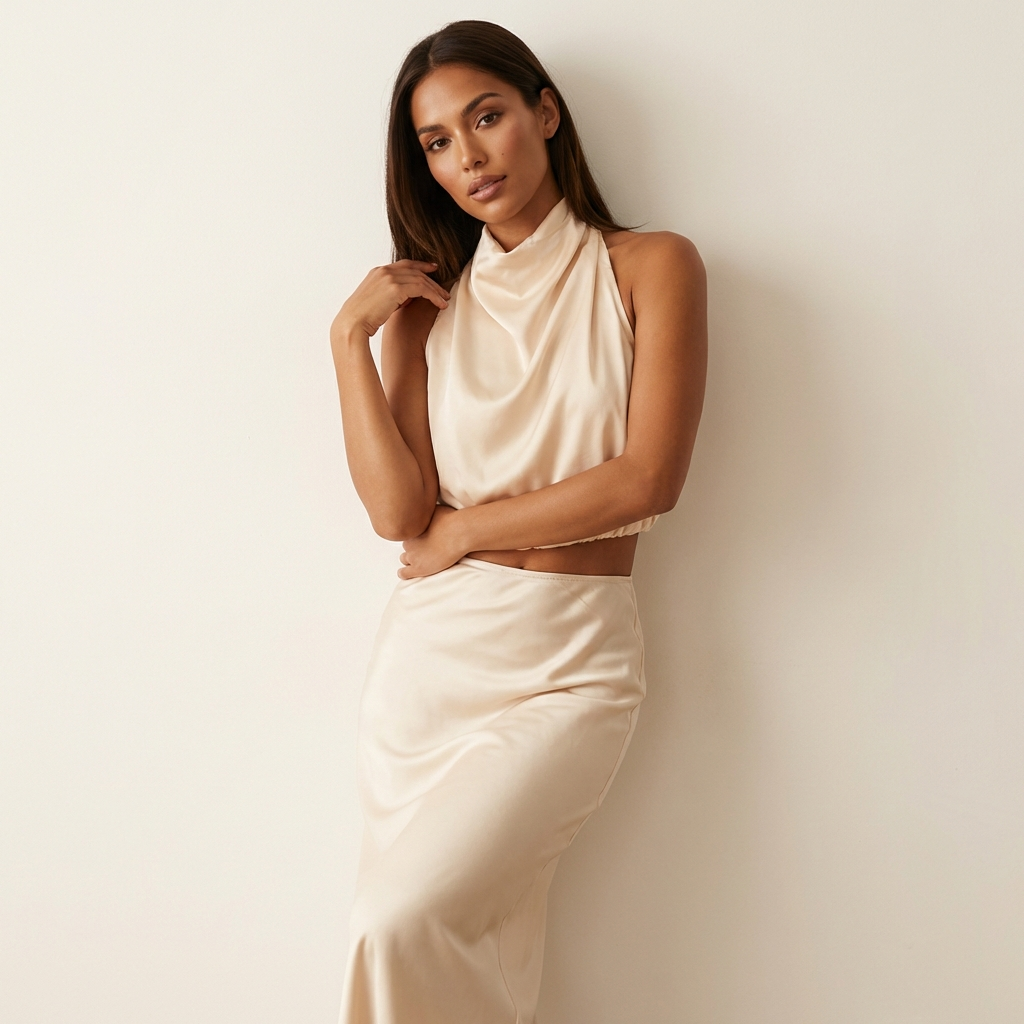 Satijnen haltertop en maxi rok set – Elira