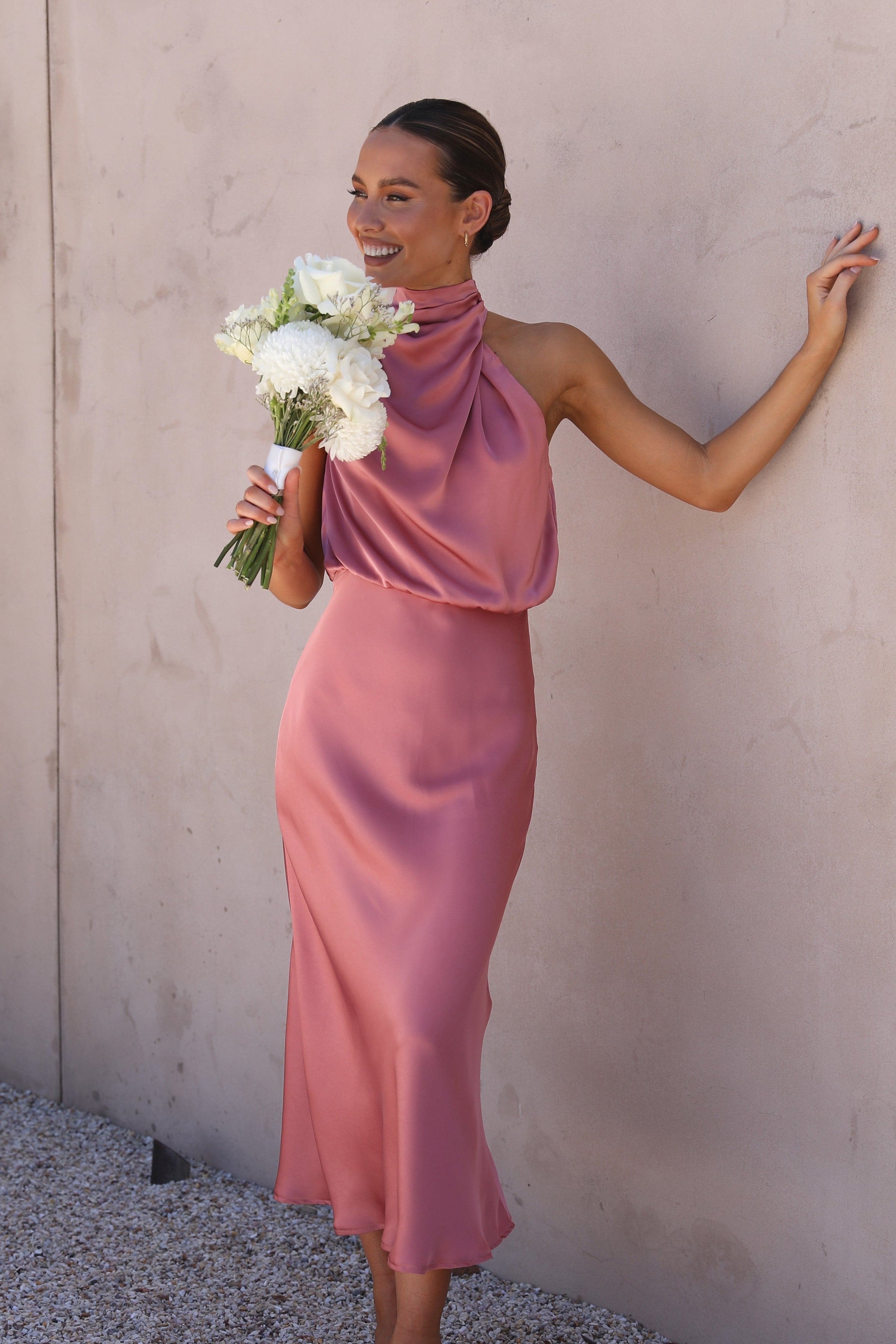 Satijnen haltertop en maxi rok set – Elira