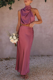 Satijnen haltertop en maxi rok set – Elira