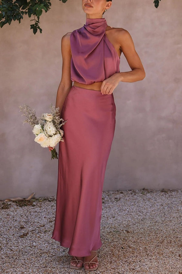 Satijnen haltertop en maxi rok set – Elira