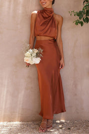 Satijnen haltertop en maxi rok set – Elira