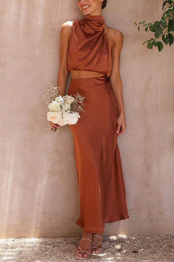 Satijnen haltertop en maxi rok set – Elira